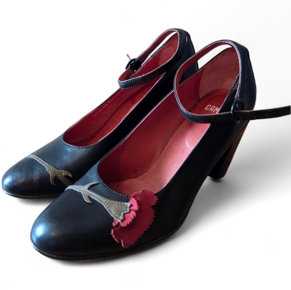 Camper Women's Leather Mary Jane Flower Print Feminine Preppy Shoes Black Sz 36 - Picture 3 of 14